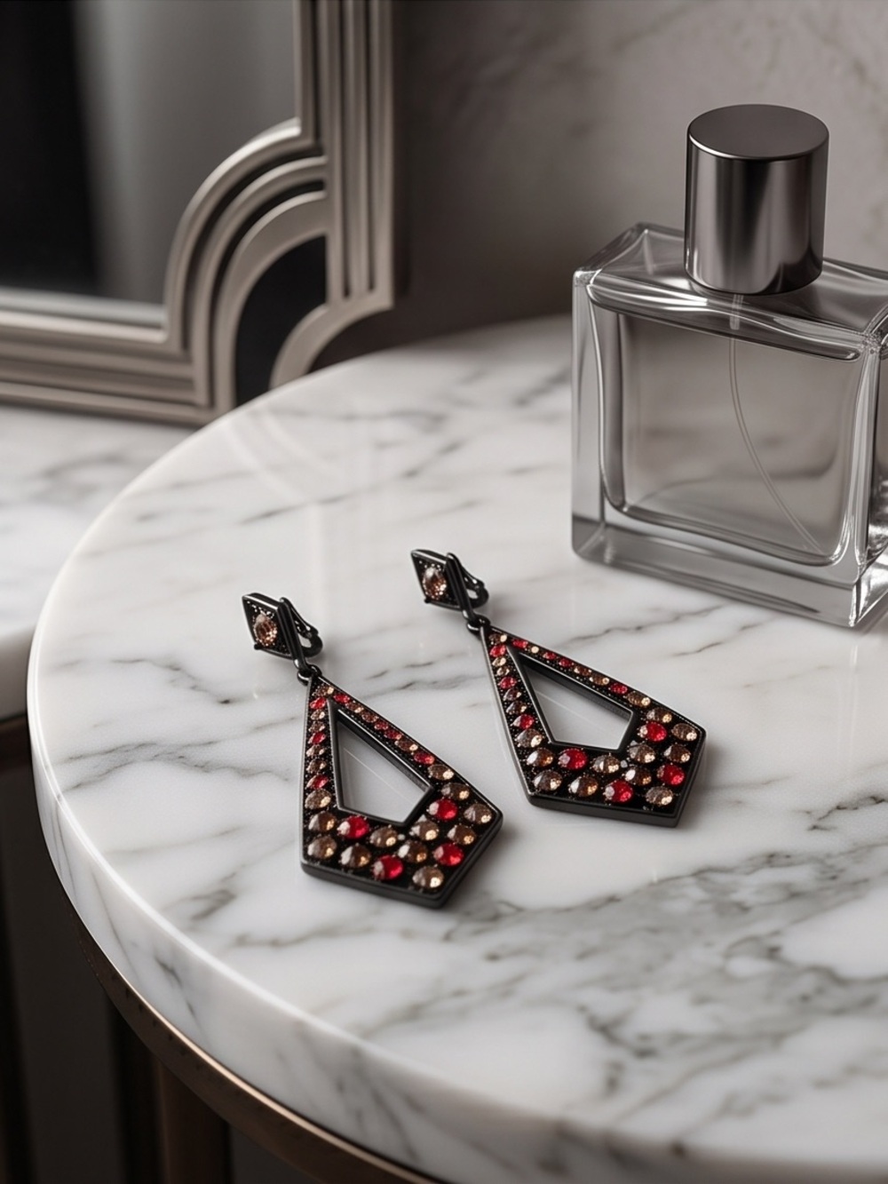 Vintage Crystal Drop Statement Earrings in Red and Brown